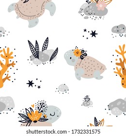 Seamless childish pattern with cute baby sea or ocean turtle animals. Children background. Creative kids texture for print, digital paper, textile, fabric,room decor, wrapping paper pattern