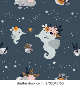 Seamless childish pattern with cute baby sea or ocean animals. Children background. Creative kids texture for print, digital paper, textile, wallpaper, fabric,room decor, wrapping paper pattern