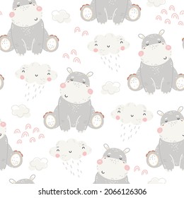 Seamless childish pattern with cute baby hippo and clouds.Scandinavian kids illustration for fabric, nursery, textile, wallpaper, wrapping paper design. Vector hand drawn animals for boys and girls.