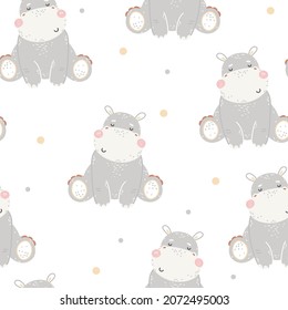 Seamless childish pattern with cute baby hippo for boys and girls.Scandinavian kids illustration for fabric, nursery, textile, wallpaper, wrapping paper design. Vector hand drawn animals