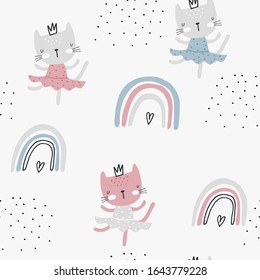 Seamless childish pattern with cute ballerina-kitty in crown and rainbows.  Vector illustration in pastel colours.