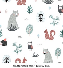 Seamless childish pattern with cute bear, squirrels, owl, hedgehog in the wood. Creative kids forest texture for fabric, wrapping, textile, wallpaper, apparel. Vector illustration