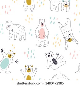 Seamless childish pattern with cute bear. vector hand draw doodle comic art illustration. Creative scandinavian kids texture for fabric, wrapping, textile, wallpaper, apparel.