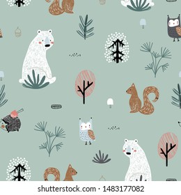 Seamless childish pattern with cute bear, squirrels, owl, hedgehog in the wood. Creative kids forest texture for fabric, wrapping, textile, wallpaper, apparel. Vector illustration