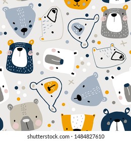 Seamless childish pattern with cute bear faces. Creative kids hand drawn texture for fabric, wrapping, textile, wallpaper, apparel. Vector illustration