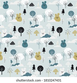 Seamless childish pattern with cute bear in the wood. Creative kids scandinavian style texture for fabric, wrapping, textile, wallpaper, apparel. Vector illustration