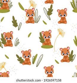 Seamless childish pattern with cute bear. Seamless pattern for fabric, paper, wrapping and other