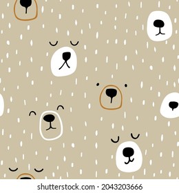 Seamless childish pattern with cute bear faces. Brush stroke texture. Great for fabric, textile, apparel. Vector illustration