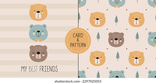 Seamless childish pattern with cute bear, trees and dots. Three cute bears with a quote are My best friends. Animal seamless background. Scandinavian style element for t-shirt print