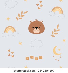 Patrón infantil inmaculado con oso lindo, arco iris, nubes, estrellas, corazones, hojas, luna y cubos de juego Bebé. Textura infantil creativa para tela, envoltura, textil, papel pintado, vestimenta. 
