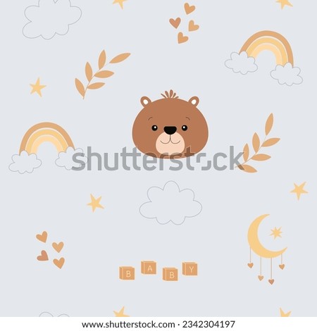 Seamless childish pattern with cute bear, rainbow, clouds, stars, hearts, leaves, moon and play cubes Baby. Creative kids texture for fabric, wrapping, textile, wallpaper, apparel. 