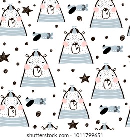 Seamless childish pattern with cute bears, air plane, stars. Creative kids texture for fabric, wrapping, textile, wallpaper, apparel. Vector illustration