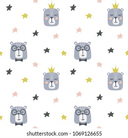 Seamless childish pattern with cute bears and stars. Scandinavian style kids texture for fabric, wrapping, textile, wallpaper, apparel. Vector illustration