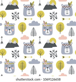 Seamless childish pattern with cute bears - indians in a wood. Scandinavian style kids texture for fabric, wrapping, textile, wallpaper, apparel. Vector illustration