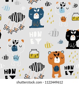Patrón infantil impecable con osos lindos, miel, abeja. Tejido creativo tipo escandinavo para niños textura para tela, envoltura, textil, papel pintado, vestimenta. Ilustración del vector
