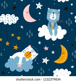 Patrón infantil impecable con osos adorables en nubes, luna, estrellas. Tejido creativo tipo escandinavo para niños textura para tela, envoltura, textil, papel pintado, vestimenta. Ilustración del vector