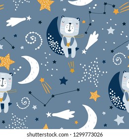 Seamless childish pattern with cute bears on clouds, moon, stars. Creative scandinavian style kids texture for fabric, wrapping, textile, wallpaper, apparel. Vector illustration