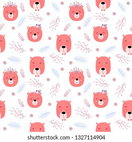 Seamless childish pattern with cute bears - boho. Scandinavian style kids texture for fabric, wrapping, textile, apparel. Vector illustration