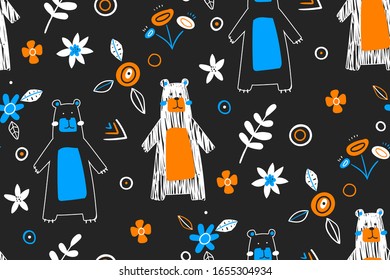 Seamless childish pattern with cute bears in the wood. Creative universal artistic floral background. Hand Drawn textures. Trendy Graphic. Creative kids forest texture for fabric.
