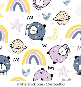 Patrón infantil impecable con osos adorables sobre nubes, arcoiris, luna, estrellas. Caricatura educada que Teddy lleva. Antecedentes de bebé vectorial.
