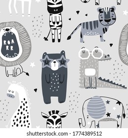 Patrón infantil sin foco con osos lindos, tigre, elefante, jirafa, cebra, cocodrilo. Textura de niños escandinavos creativos para tela, envoltura, textil, papel pintado, vestimenta. Ilustración del vector