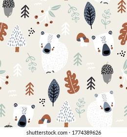 Seamless childish pattern with cute bears. Creative kids forest texture for fabric, wrapping, textile, wallpaper, apparel. Vector illustration