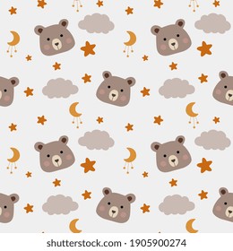 Patrón infantil sin foco con osos lindos, nubes, luna, estrellas. Textura para bebés para tela, envoltura, textil, papel pintado, ropa. Ilustración del vector