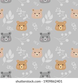 Seamless childish pattern with cute bears and plant branches.  Baby texture for fabric, wrapping, textile, wallpaper, clothing. Vector illustration