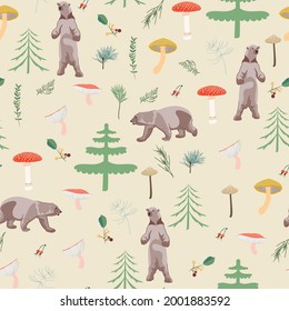 Seamless childish pattern with cute bears in the wood. Creative autumn forest texture for fabric, wrapping, textile, wallpaper, apparel. 