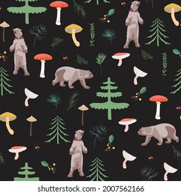 Seamless childish pattern with cute bears in the wood. Creative autumn forest texture for fabric, wrapping, textile, wallpaper, apparel. Black background.