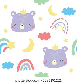 Seamless childish pattern with cute bears, clouds, stars and a rainbow. Creative scandinavian style baby texture for fabric, wrapping, textile, wallpaper, clothes. Vector illustration