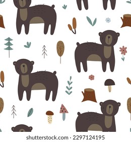 Patrón infantil inmaculado con osos adorables en la madera. Niños creativos textura forestal para tela, envoltura, textil, papel pintado, ropa. Ilustración del vector