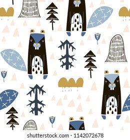 Seamless childish pattern with cute beavers in the wood. Creative kids monochrome texture for fabric, wrapping, textile, wallpaper, apparel. Vector illustration