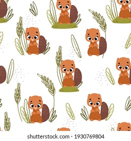 Seamless childish pattern with cute beavers. Seamless pattern for fabric, paper, wrapping and other