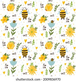 Seamless childish pattern with cute bees, rainbow. Children background in pastel colors. Creative kids texture for print, textile, wallpaper, fabric, wrapping. Vector illustration