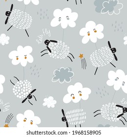 Seamless childish pattern with cute brash drawn sleeping sheep flying with clouds. Creative Scandinavian kids pattern for fabric, wrapping, textile, wallpaper, apparel. Vector illustration