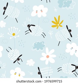 Seamless childish pattern with cute brash drawn sleeping sheeps flying with flowers.  Creative scandinavian kids texture for fabric, wrapping, textile, wallpaper, apparel. Vector illustration