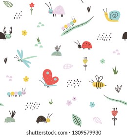 Seamless childish pattern with cute bugs, bee, catepillar. Vector illustration. Use for textile, print, surface design, fashion kids wear