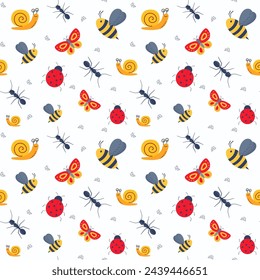 Seamless childish pattern with cute bugs, bee, snail. Vector illustration. Use for textile, print, surface design, fashion kids wear