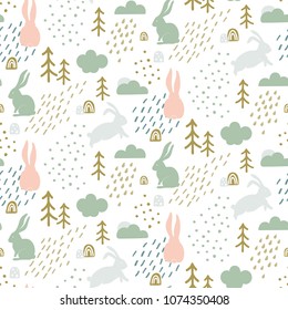 Seamless childish pattern with cute bunny silhouette in forest. Scandinavian style kids texture for fabric, wrapping, textile, wallpaper, apparel. Vector illustration