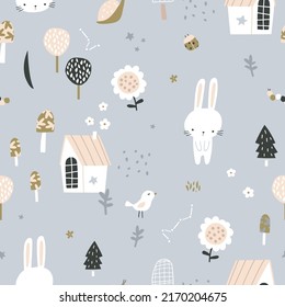 Seamless childish pattern with cute bunny character, house, star, flower,moon. Vector kids texture for digital paper, fabric, textile.