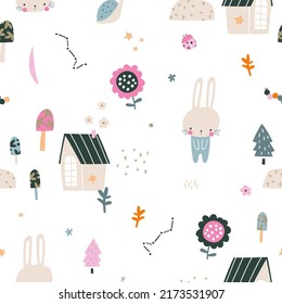 Seamless childish pattern with cute bunny character, mushrooms, house, star, flower, moon. Vector kids texture for digital paper, fabric, textile.