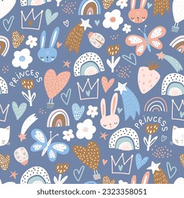 Seamless childish pattern with cute bunny, rainbows, stars, flowers. High detailed kids background. Vector illustration