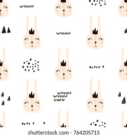 Seamless childish pattern with cute bunny girl faces. Creative nursery background. Perfect for kids design, fabric, wrapping, wallpaper, textile, apparel