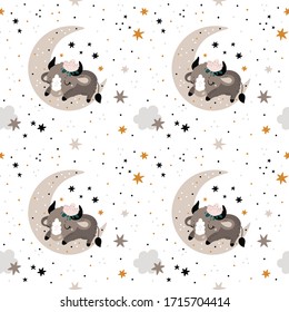 Patrón infantil impecable con un lindo bebé de ternera, vaca, toro, taurus en la luna. Colores infantiles en tonos pastel. Texturas para niños creativos para impresión, textil, papel pintado, tela, envoltura de papel