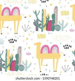 Seamless childish pattern with cute camel in the desert. Creative kids pattern for fabric, wrapping, textile, wallpaper, apparel. Vector cute illustration.