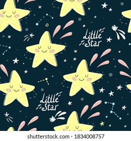 Seamless childish pattern with Cute cartoon moon, stars, comets and planet in the night sky. Good night vector pattern. Little Star