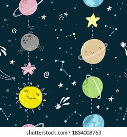 Seamless childish pattern with Cute cartoon moon, stars, comets and planet in the night sky. Good night vector pattern