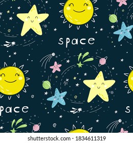 Seamless childish pattern with Cute cartoon moon, stars, comets and planet in the night sky. Good night vector pattern