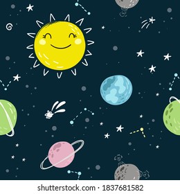 Seamless childish pattern with Cute cartoon moon, stars, comets and planet in the night sky. Good night vector pattern